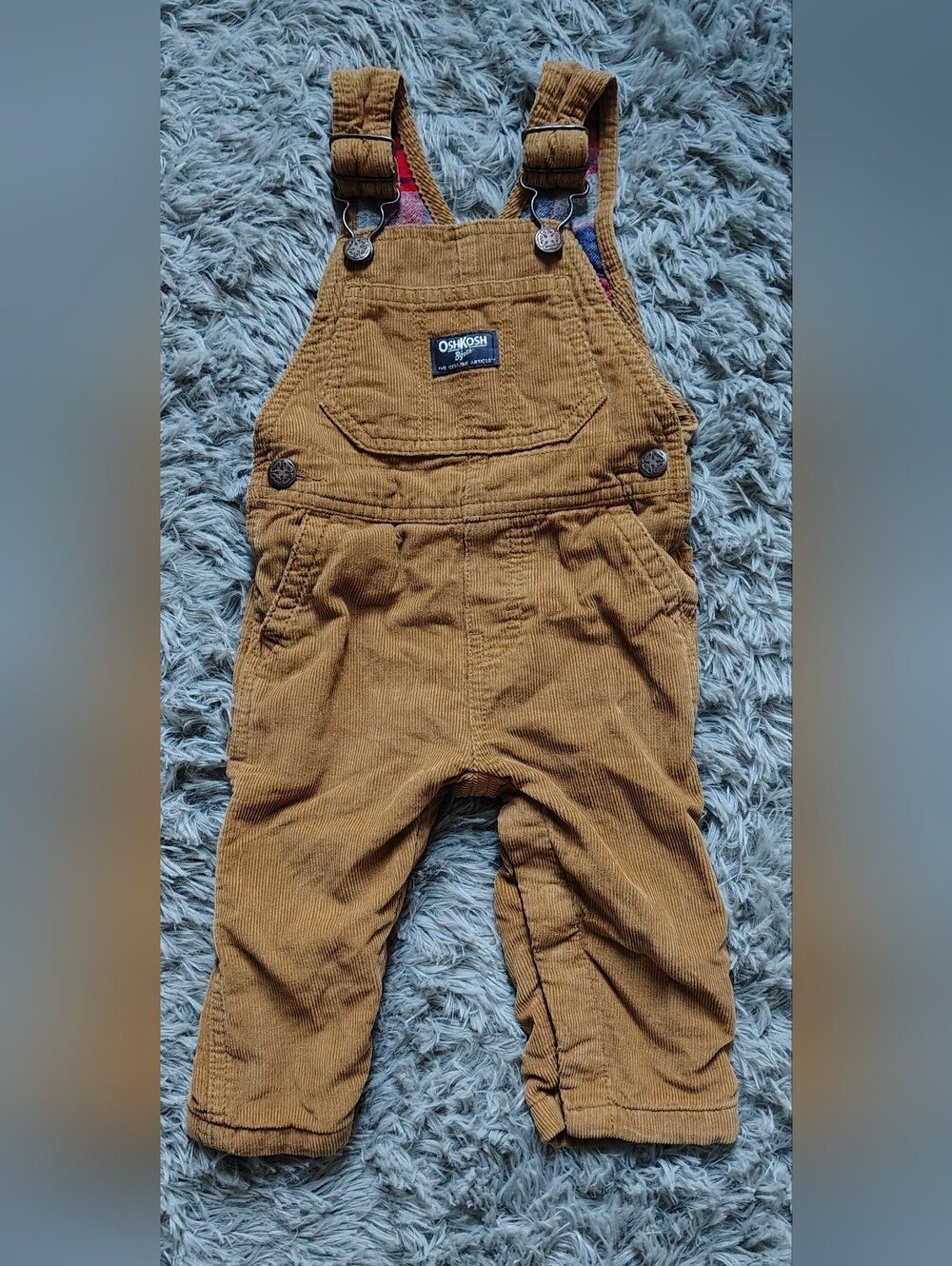 OshKosh B'gosh Tan Corduroy Flannel Lined Carpenter Overalls Infant 9-12 Months
